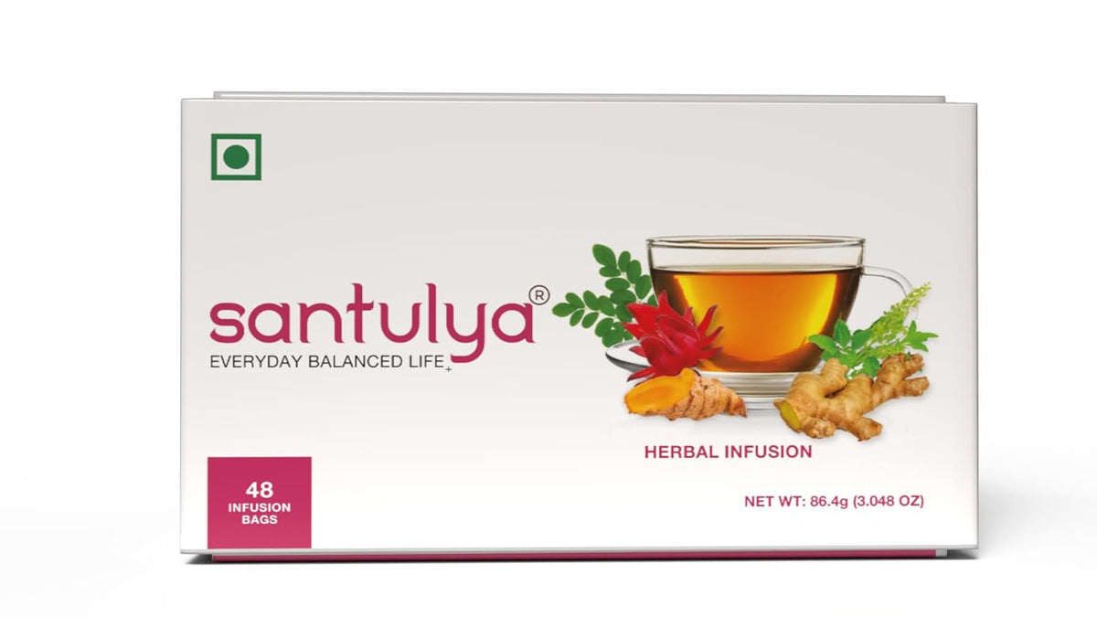 Santulya Turmeric + Tulsi + Moringa Herbal Teabags For Detox & Immunity - 48 Infusion Teabags | Boosts Immune System - Caffeine Free, Non-GMO, No Added Preservatives | Every Day Balanced Life