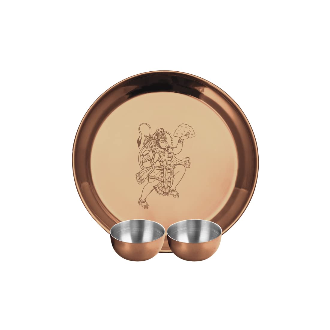 Stainless Steel Hanuman Ji Pooja Thali Set Of 3, Rose Gold PVD Coating | 1 Pooja Thali+ 2 Katoris - Easy To Clean & Dishwasher Safe