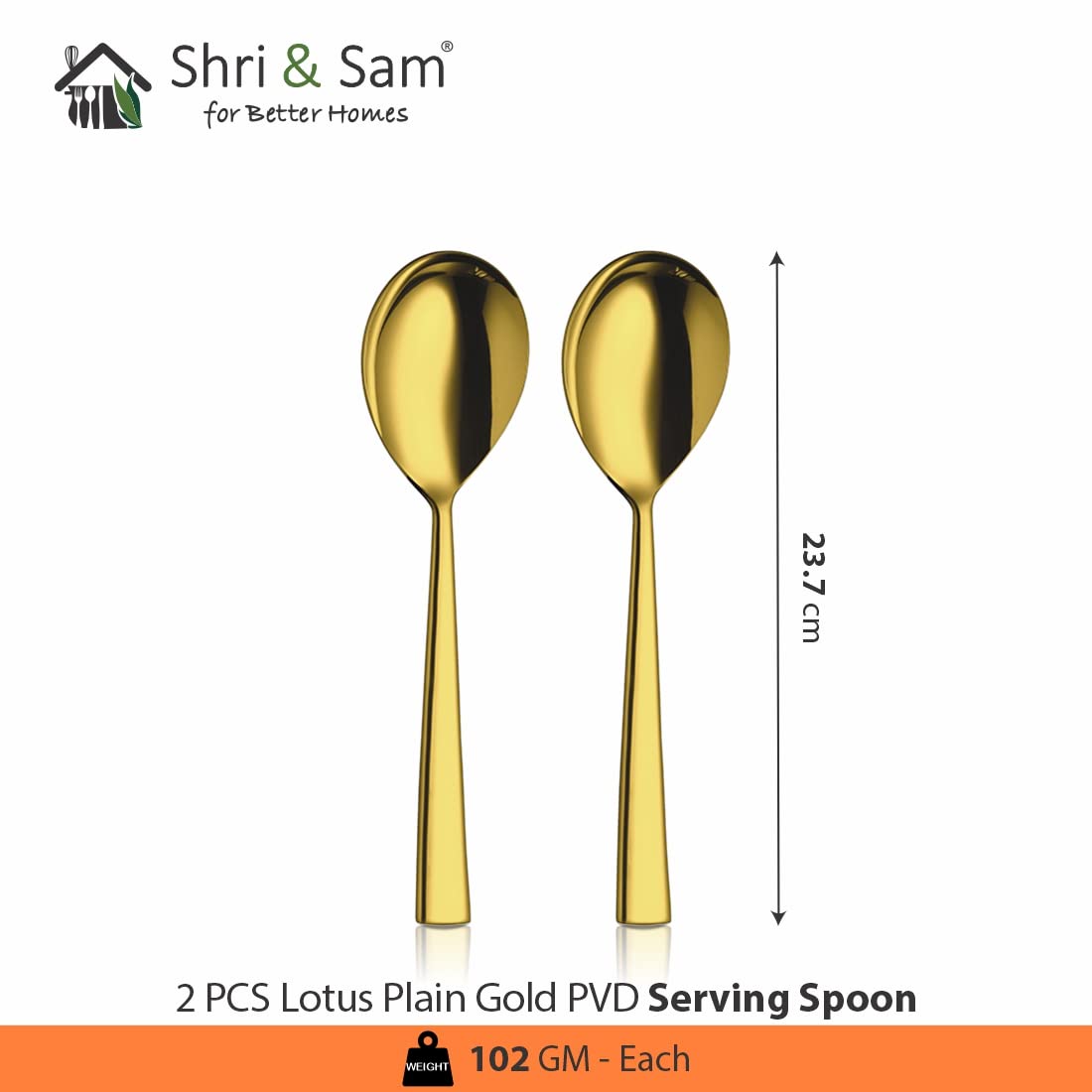 Stainless Steel Lotus Plain Gold PVD Coating Serving Spoon Set Of 2 Pieces | Easy To Clean & Dishwasher Safe