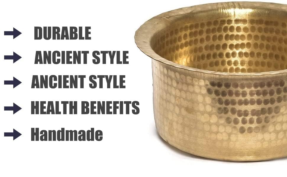 Golden Brass Round Patila - Tapeli - Tapela - Tope, 2.5 Liters | Multipurpose Brass Hammered Patila - Brass Tope - Brass Cookware - Patila - Round Tapeli - Bhagona