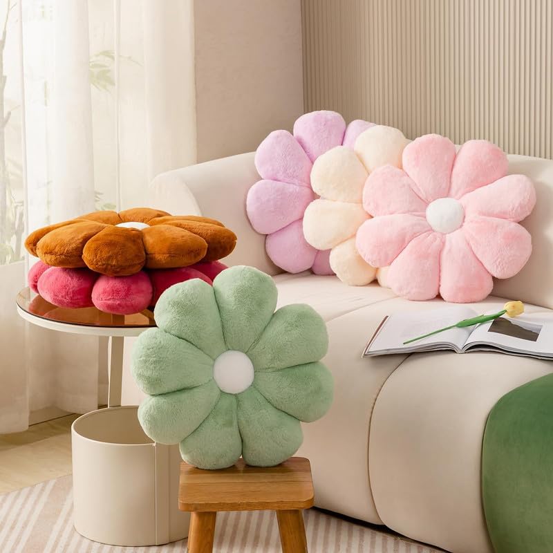 Flower Pillow, Floor Cushions, Sun Flower Shaped Throw Pillow, White & Brown - 40 Cm | Flower Pillow Brown & White Sunflower Plush Pillow | Cute Room Decorative Pillow For Sofa - Pack Of 2
