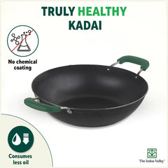 Pre-Seasoned Iron Kadai With Silicon Handle - Small, 20.3 Cm, 7.9 Inch, 1.2 Liters, 0.78 Kg | Induction Friendly, Flat Base Iron Kadhai, 100% Pure & Toxin-Free, No Chemical Coating, Black