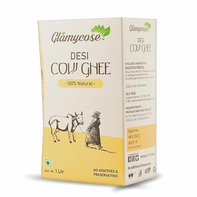 Natural Premium Desi Cow Ghee By Glamycose | High In Protein Fiber Healthy Desi Ghee For Boost Immunity | (1 Litr) 33.8 Ounce | Box Pack