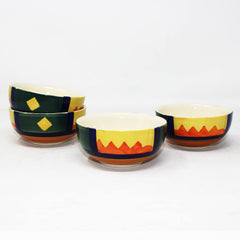Boho Fiesta Hand Painted Ceramic Dining Bowl Katoris - 4 Pieces, 180ml Each, Multicolor | Ceramic Bowls - Serving Bowls For Dinner, Snacks & Dessert - Microwave Safe