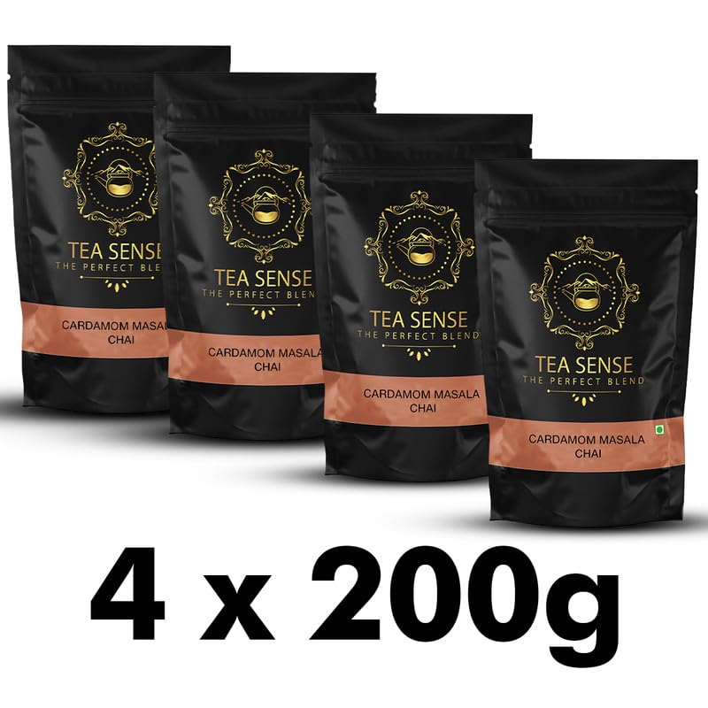 Tea Sense Cardamom Masala Chai - Pack Of 4 X 200gm, 7.05 Ounce Each | Assam CTC, Real Cardamom, Elaichi - Rich Flavor & Strong Chai Patti, High Caffeine | Aromatic Strong Blend Loose Leaves