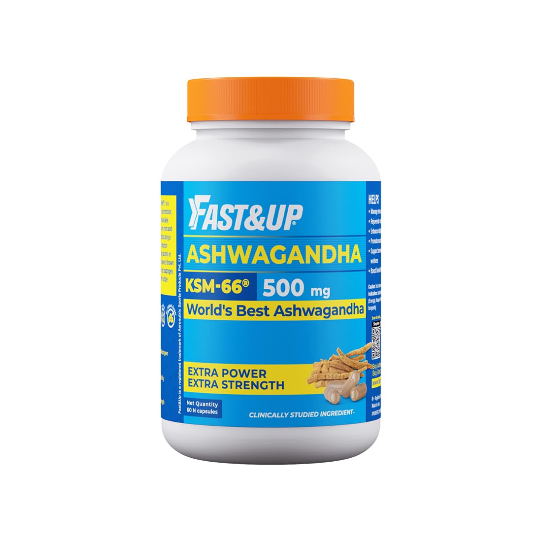 Fast & Up 500mg Ksm-66 Ashwagandha, World's Best Ashwagandha For Extra Strength & Power, Stress Relief, Natural Vitality Booster, Pure & Potent | 60 Capsules 100gm 0.2lbs