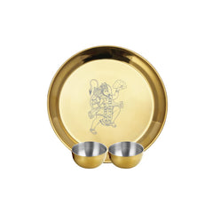 Stainless Steel Hanuman Ji Pooja Thali Set Of 3, Gold PVD Coating | 1 Pooja Thali+ 2 Katoris - Easy To Clean & Dishwasher Safe
