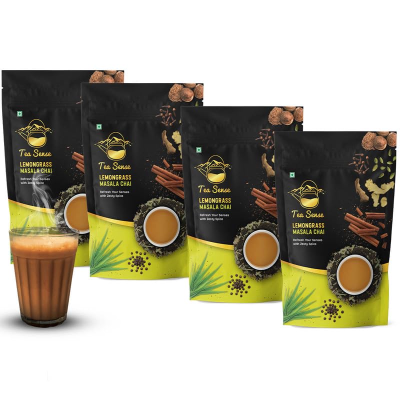 Tea Sense Lemongrass Masala Chai - Pack Of 4 X 200gm, 7.05 Ounce Each | Assam CTC, Ginger, Cardamom, Clove, Cinnamon, Nutmeg, Black Pepper - Aromatic Chai Patti, High Caffeine | Zesty Spicy Blend