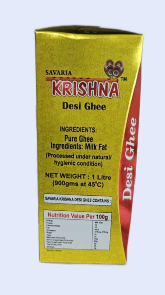 Pure Krishna Desi Ghee By Savaria | Rich Source Of Protein Fiber Healthy Desi Cow Ghee Good For Garnishing | (1 Litr) 33.8 Ounce | Box Pack