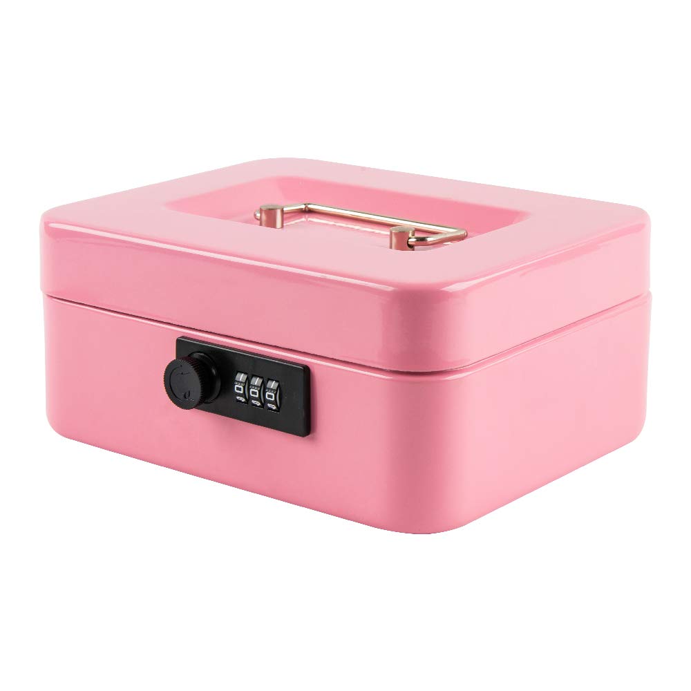 Medium Metal Cash Box With Combination Lock Safe & Money Tray For Security 7.87"X 6.30"X 3.54" Colour - Pink