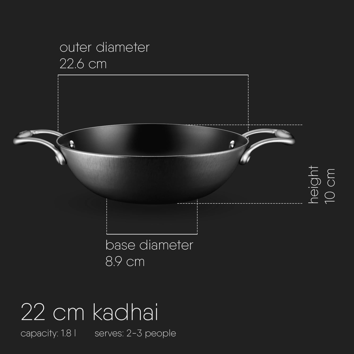 Blacksmith Plus Black Cast Iron Kadhai - 1.8 Liters, 22 Cm | Light Weight Iron Kadai - Nitrided Kadai For Cooking - Induction & Gas Stove Compatible