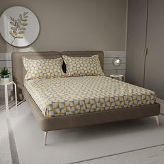 1 Bedsheet For Double Bed With 2 Pillow Covers - 90 X 100 Inches, Yellow & Grey | Premium Cotton Material Double Bedsheet Queen Size | Skin Friendly & Long Lasting