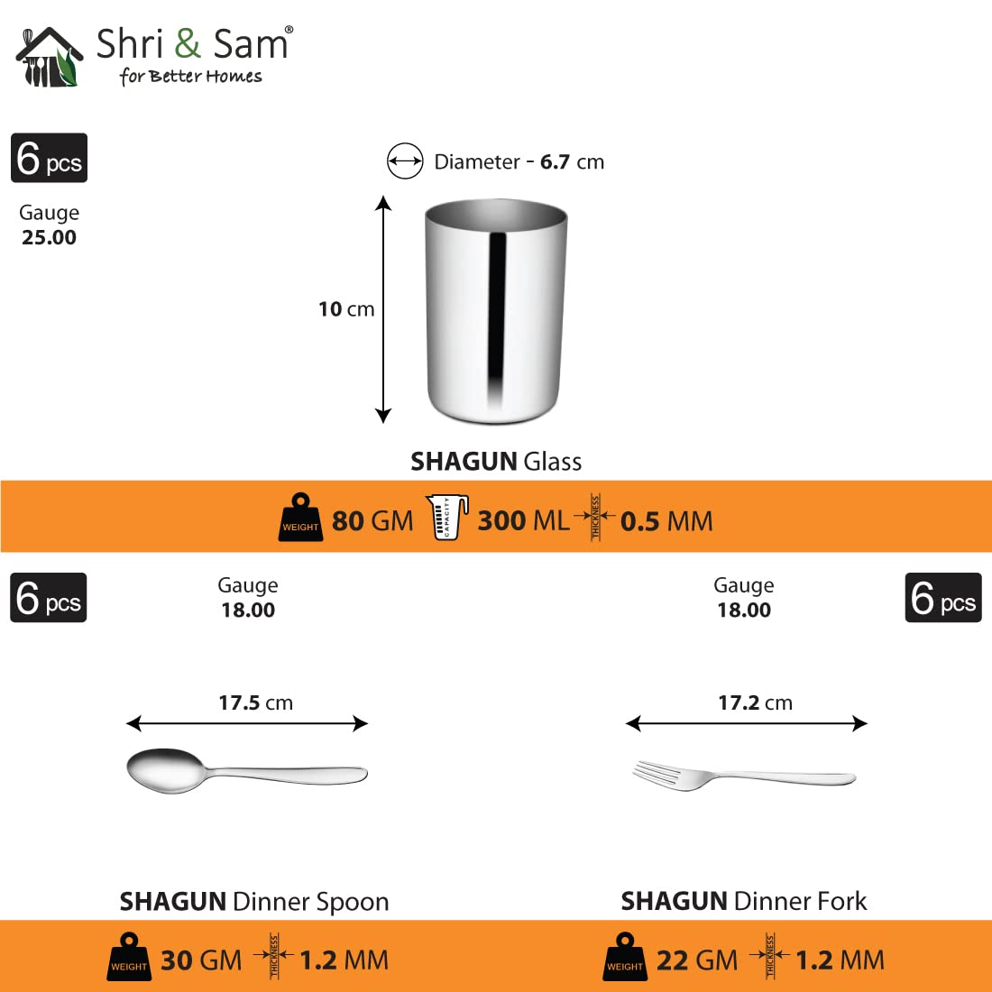 Stainless Steel Shagun Solid Dinner Set Of 36 Pcs, Silver | 6 Dinner Plates+ 6 Bidding Bowls+ 6 Pudding Bowls+ 6 Glasses+ 6 Dinner Spoons+ 6 Dinner Forks - Dishwasher Safe