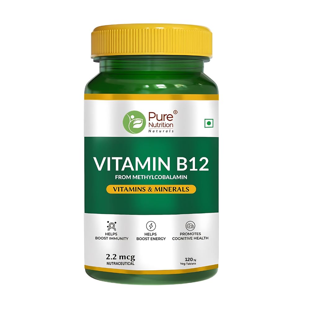 Pure Nutrition Vitamin B12 , Active Form Of Methylcobalamin | For Men & Women , Helps Boost Immunity & Energy , Promotes Brain & Nerve Health | 120 Veg Tablets , 200gm 0.4lbs