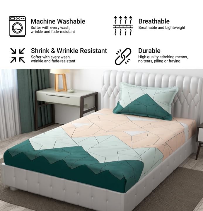 Soft Cotton Printed 1 Single Bedsheet With 1 Large Size Pillow Covers - 60 X 90 Inches, Beige & Green | 240 Thread Count - Light Weight, Suitable For All Seasons & Easy To Wash