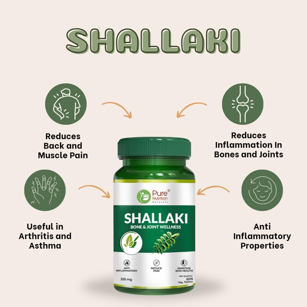 Pure Nutrition Shallaki Boswellia Serrata 250mg, Bone & Joint Health, Stiffness, Arthritis, Reduces Pain & Inflammation, Helps Improve Mobility | 60 Tablets 100gm 0.2lbs Each Pack Of 3