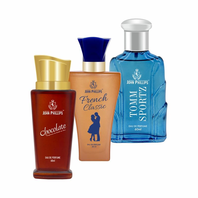 John Phillips Chocolate + French Classic + Tomm Sportz  Eau De Parfum 60ml 2 Fl.oz. Each Pack Of 3 For Men & Women