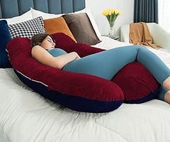 U Shaped Pillow, Pregnancy Pillow For Maternity & Baby Nursing - Dark Blue & Maroon | Pregnant Women Stomach, Spine, Neck Support, Velvet Outer Cover With Zip, Full Body Pillow, Adjustable