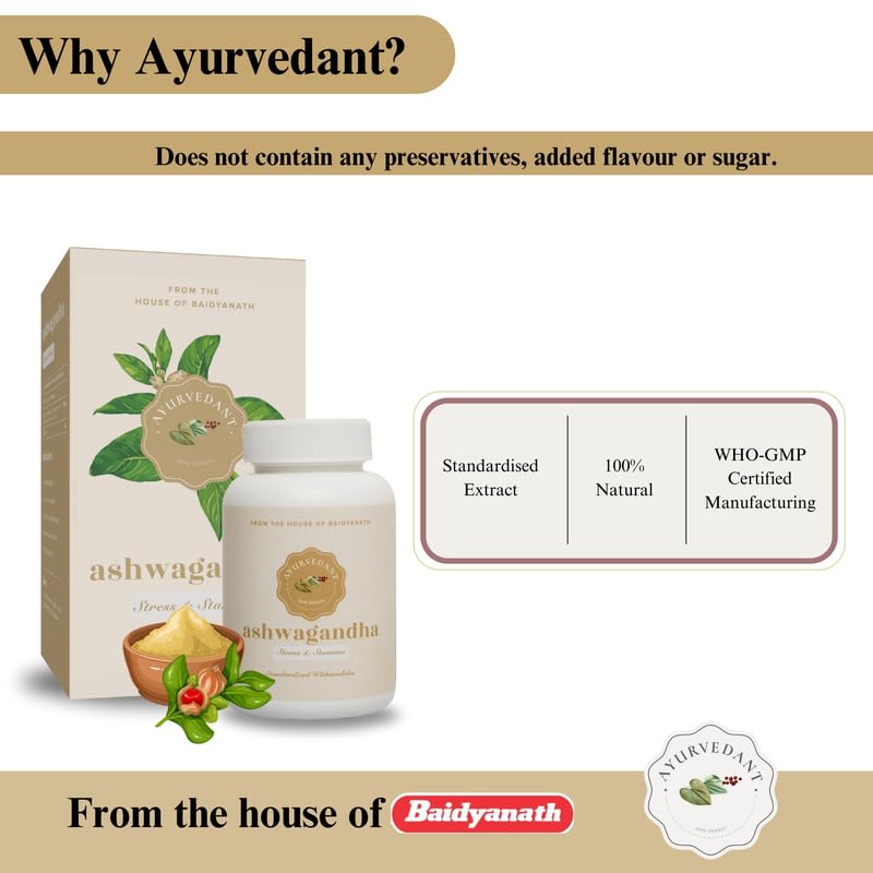 Baidyanath Jhansi Ayurvedant Ashwagandha For Control Stress, Improves Vitality & Muscle Strength | 60 Tablets 100gm 0.2lbs