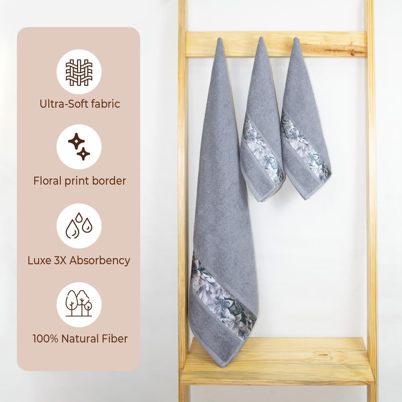 Rangoli 100% Cotton Fibre 1 Bath & 2 Hand Towels 900 Gsm | Highly Durable & Absorbent With Printed Border | Quick Drying Towels (Grey)