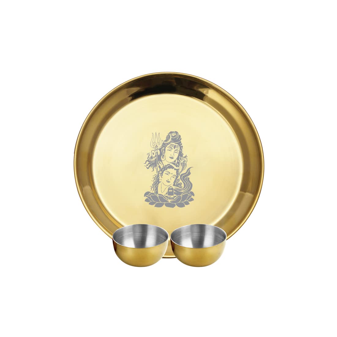 Stainless Steel Shiv Parvati Ji Pooja Thali Set Of 3, Gold PVD Coating | 1 Pooja Thali+ 2 Katoris - Easy To Clean & Dishwasher Safe