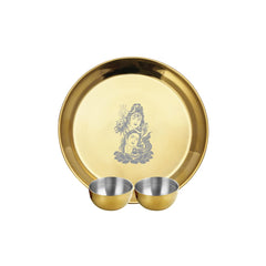 Stainless Steel Shiv Parvati Ji Pooja Thali Set Of 3, Gold PVD Coating | 1 Pooja Thali+ 2 Katoris - Easy To Clean & Dishwasher Safe