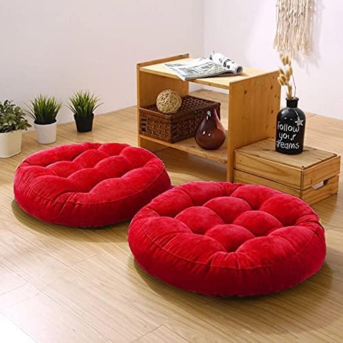 Polyester Round Velvet Floor Cushions Pillows For Living Room, Red - 50 X 50 Cm | For Outdoor, Floor Cushions, Tatami Cushion, Patio Cushion, Balcony Cushion, Floor Seating - Pack Of 2