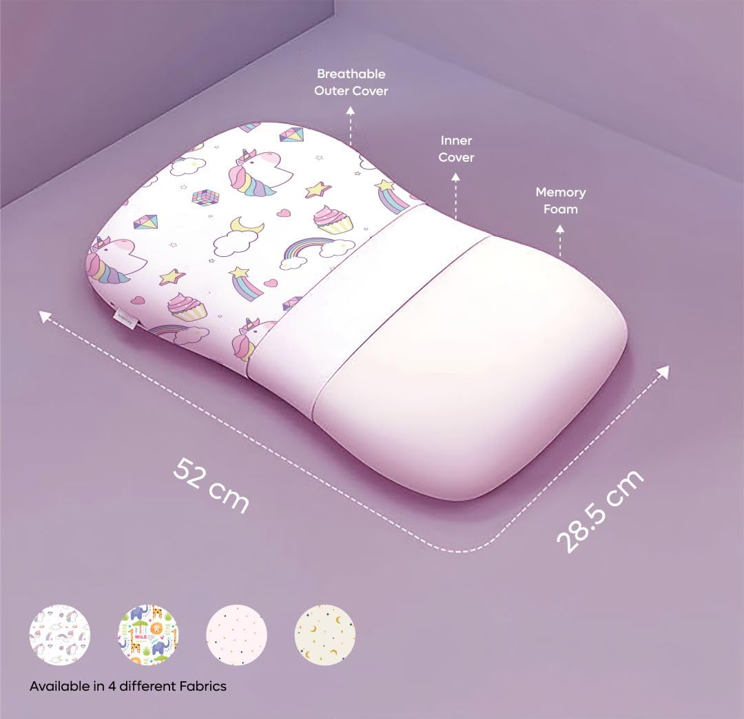 Premium Memory Foam Baby & Toddler Pillow, For Head, Neck & Back Support - 20.5 X 11.5 X 2.5 Inch | Removable Cover | Perfect For Sleeping, Reading, Resting | 2 To 9 Years, Unicorn Print