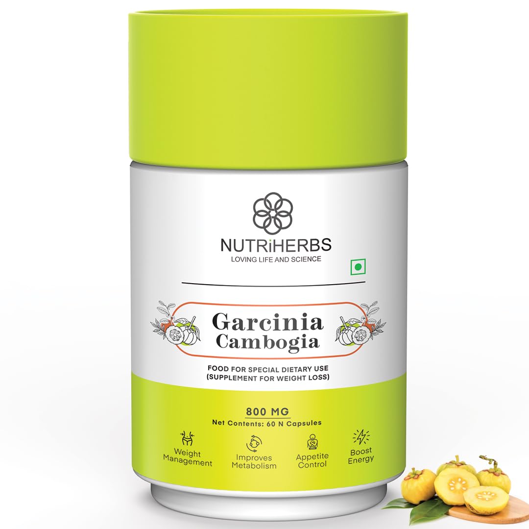 Nutriherbs Garcinia Cambogia 800mg With Green Tea & Guggul Extract Herbal Weight Loss Supplement For Men & Women, Belly Fat Burner & Metabolism Booster, Weight Management | 60 Capsules 100gm 0.2lbs