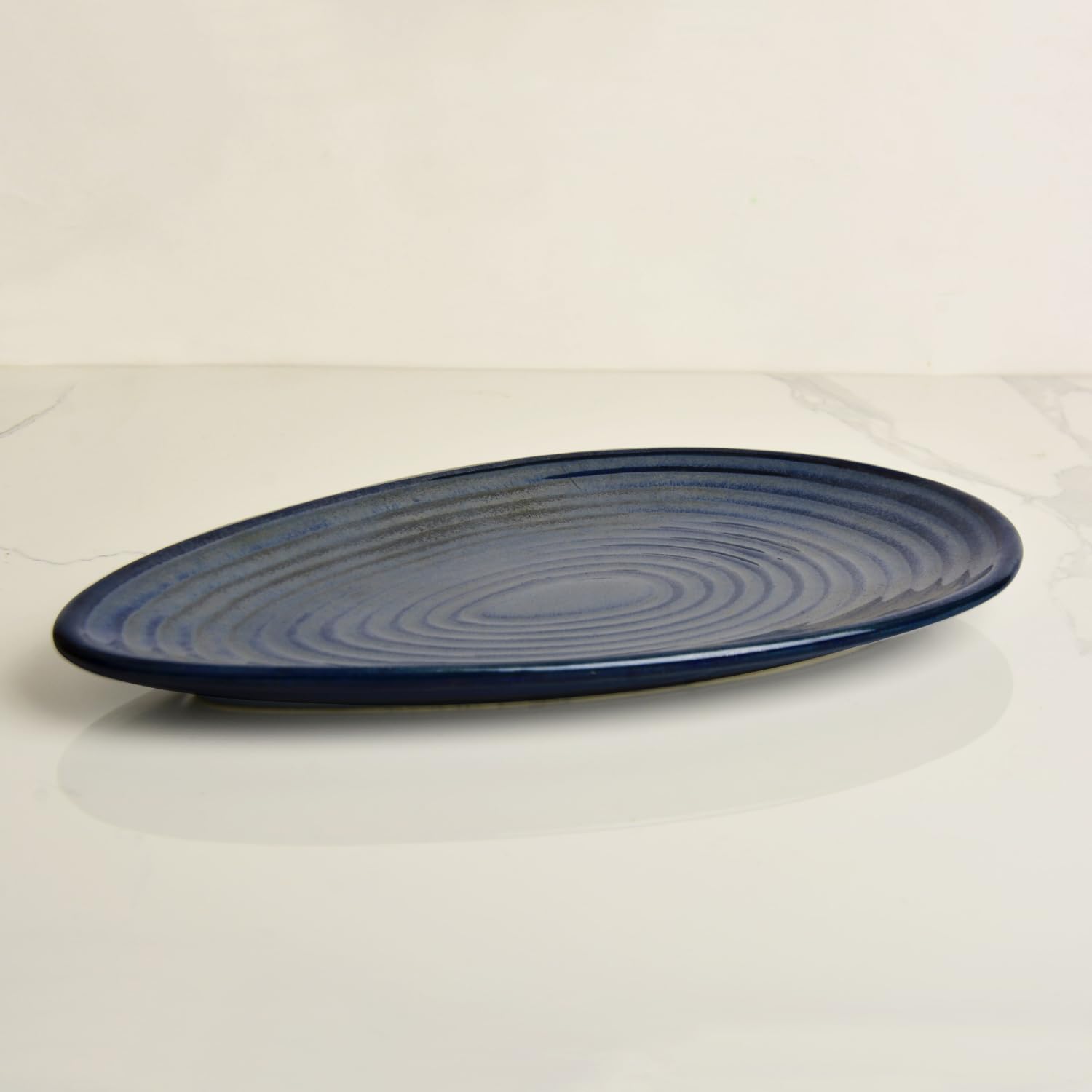 Premium Hand Glazed Oval Shaped Ceramic Platter - Blue With Grey Speckle, 10.5 Inches, 490 Gm | Starter Serving Platter - Sweets, Dry Fruits, Snack Serving Platter