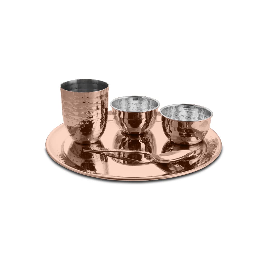 Stainless Steel Hammered Rose Gold Diamond Thali Set With PVD Coating, 5 Pieces | 1 Thali+ 1 Glass+ 2 Katoris+ 1 Spoon - Easy To Clean & Dishwasher Safe