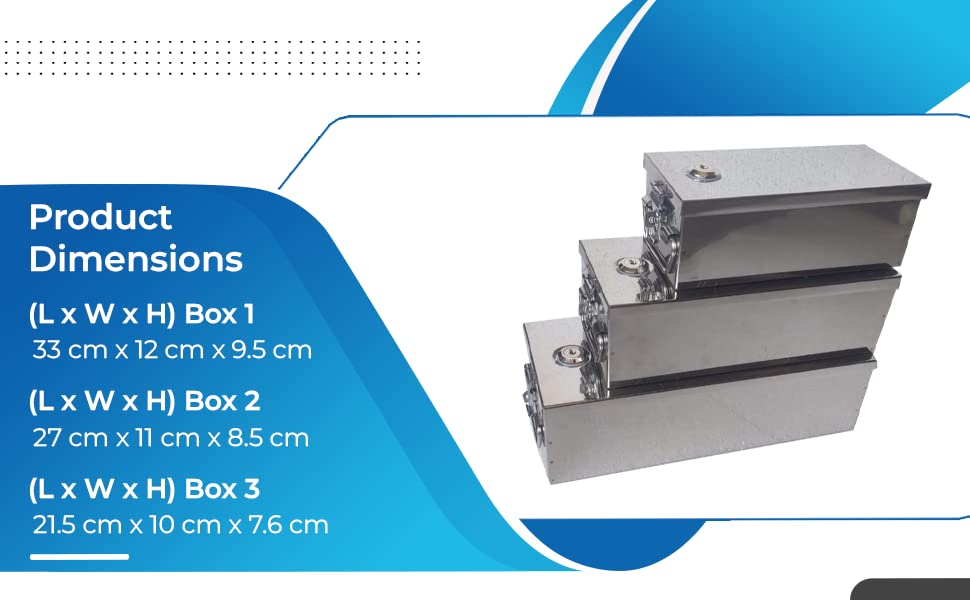 Stainless Steel Locker Boxes, Cash Peti Pooja Set, Jewellery Boxes, Multi Pack Of 3 Size - 8 Inch, 10 Inch, 12 Inch With Pre Fited Lock & 2 Key, Special Feature - Portable