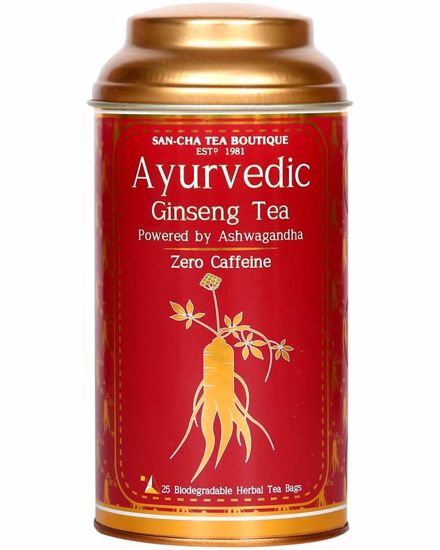 San-Cha Ayurvedic Ginseng Tea - 25 Pyramid Tea Bags | Enhance Energy, Blended With Rich Antioxidant - Zero Caffeine | Pure Herb & Spice Blend
