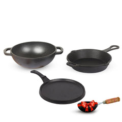 Pre-Seasoned Cast Iron Cookware Set + Free Iron Tadka Pan - Tawa 25.5cm + Kadai 25.4cm, 2.3 Liters + Fry Pan 22.9cm, 1.4 Liters | Kitchen Cooking Combo Pots & Pans Set Of 4 Pcs - Naturally Nonstick