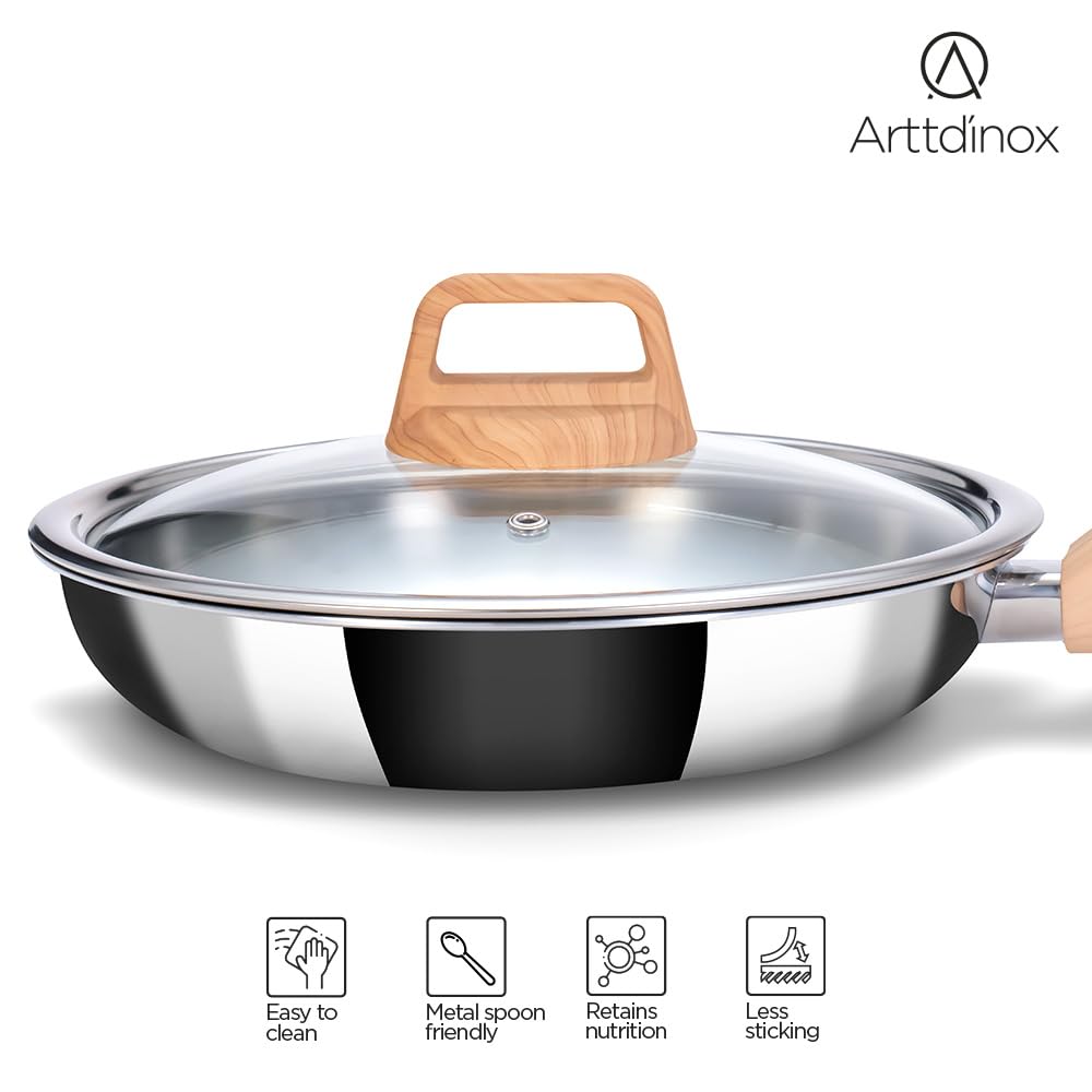 Timber Stainless Steel Triply Frypan With Glass Lid - 24 Cm, 1.8 Liters | Wood Finished Handle - Gas & Induction Base | 7 Yrs Warranty