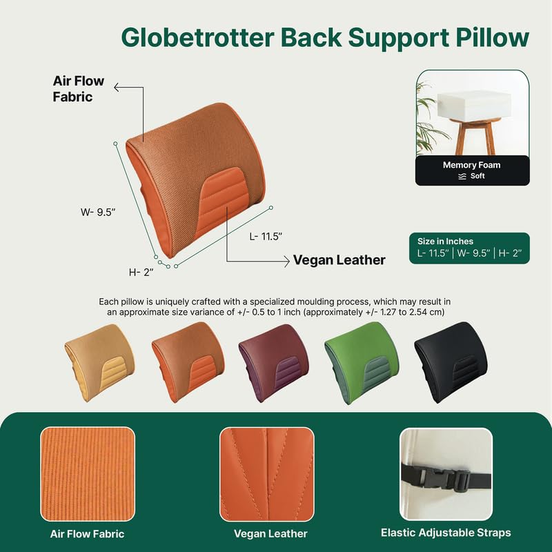 Memory Foam Pillow, Travel Lumbar Back Support Chair Cushion Pillow, Tan - 11 L X 9 W X 2 H Inch | For Car, Airplane, Long Drive - Soft Pillow, Washable Outer Cover, Comfortable Pillow