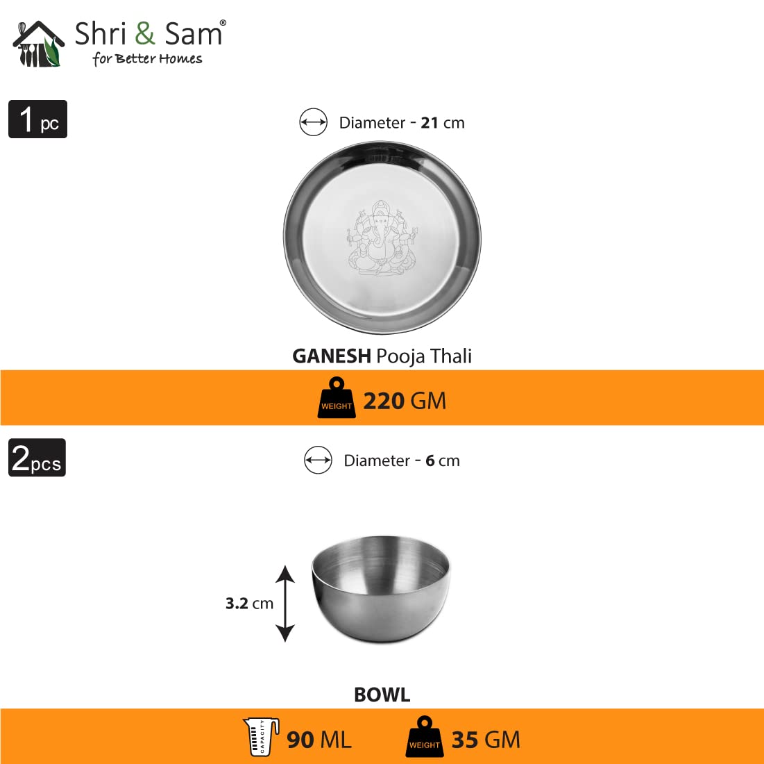 Stainless Steel Ganesh Pooja Thali Set Of 3, Silver | 1 Pooja Thali+ 2 Katoris - Easy To Clean & Dishwasher Safe