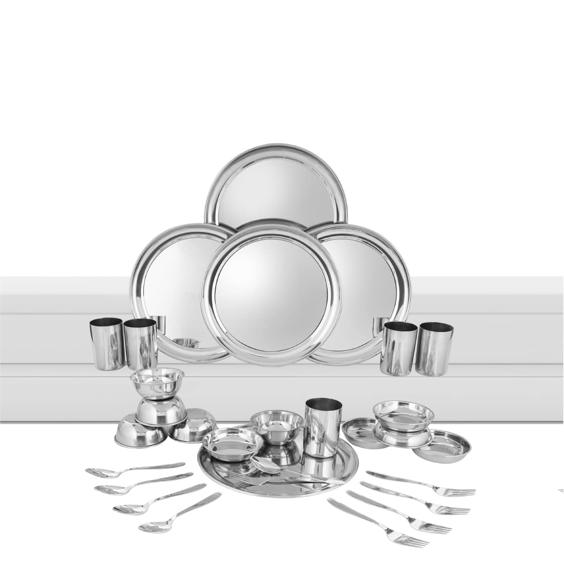 Stainless Steel Shagun Solid Dinner Set Of 30 Pcs, Silver | 5 Dinner Plates+ 5 Bidding Bowls+ 5 Pudding Bowls+ 5 Glasses+ 5 Dinner Spoon+ 5 Dinner Fork