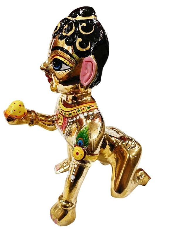 Laddu Bal Gopal Idol, Hand Painted Metal Statue, Occasions, Gold, Size - No.10, Decorative Baby Krishna Idol, Traditional Indian Religious Laddu Gopal Ji