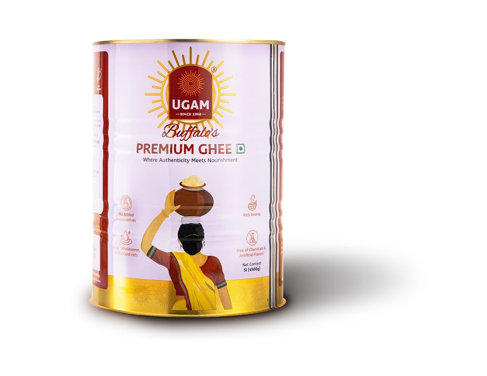 Organic Buffalo'S Ghee By Ugam | Great Source Of Energy & Vitamin Healthy Danedar Desi Ghee Perfect For Garnish Dishes | (5 Litr) 169.0 Ounce | Tin Pack