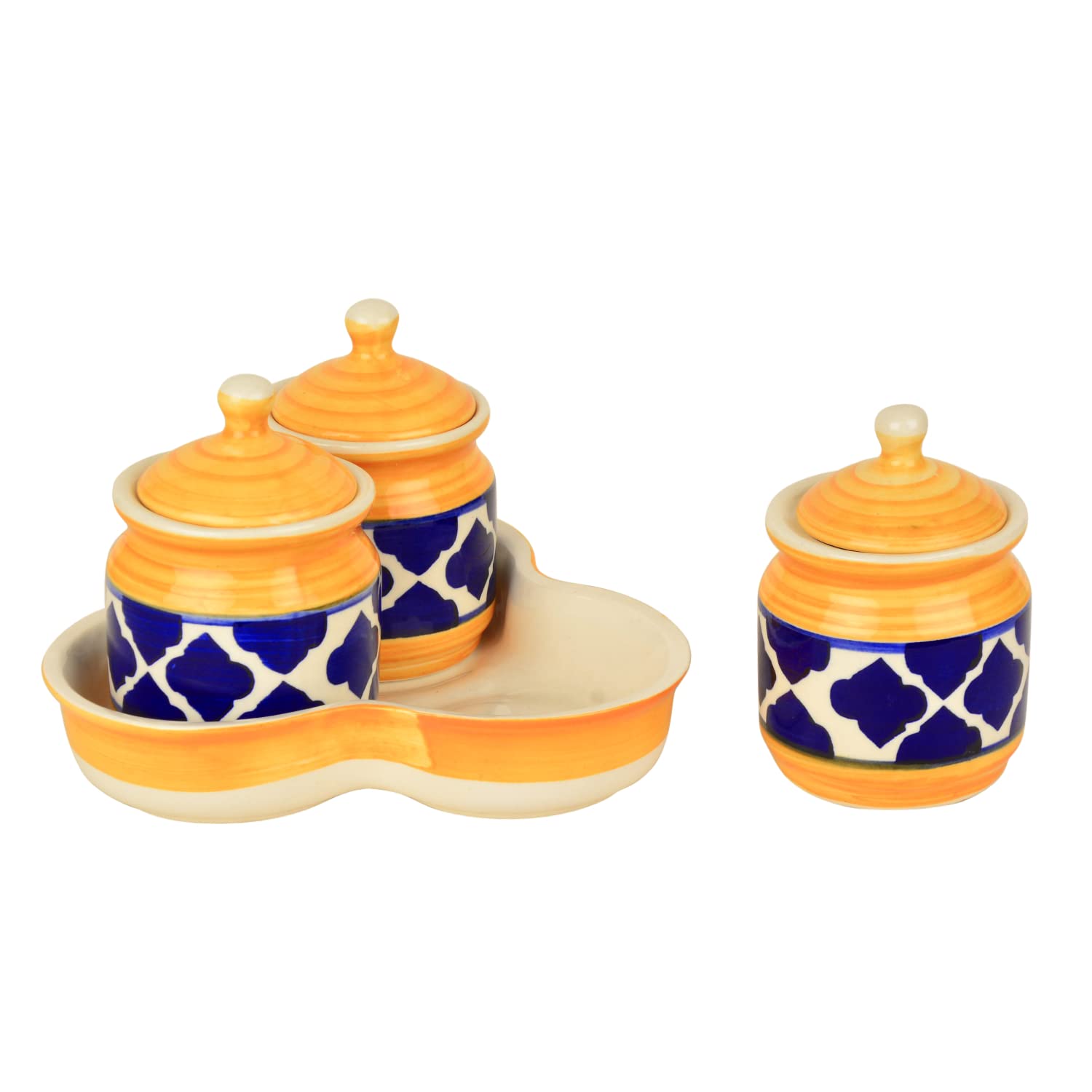 Hand Painted Ceramic Pickle Jar Set With Tray Set Of 3 - Blue & Yellow, 200ml Each | Condiment Set - Masala Container | Pickle & Chutney Jar Set For Dining Table