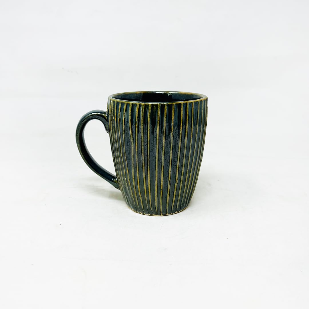 Green Stripped Embossed Ceramic Coffee Mug Set Of 2 Pieces - 350ml Each | Studio Pottery Ceramic Mugs For Coffee, Tea, Milk - Microwave Safe & Leak Proof