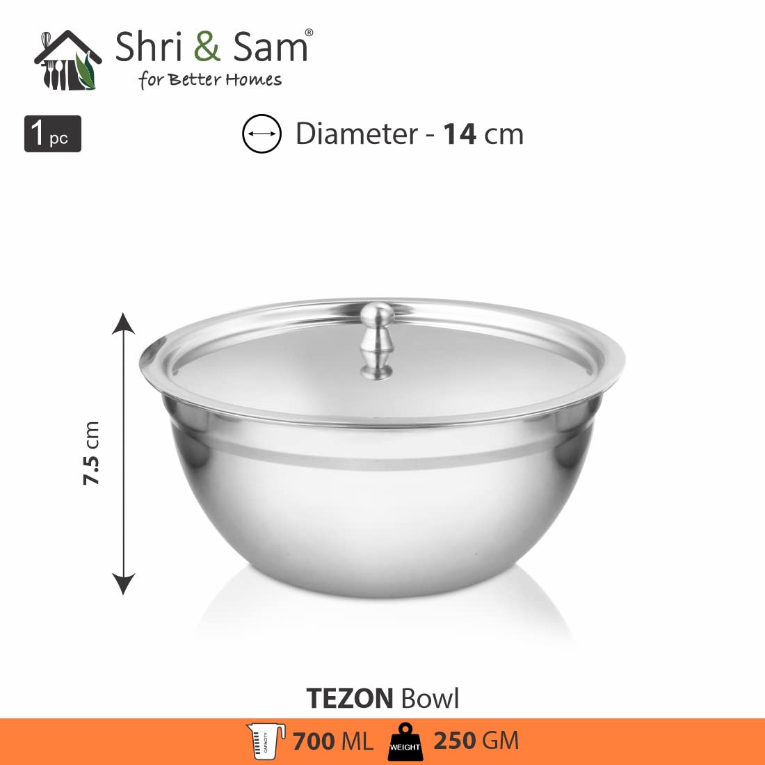 Stainless Steel Serving Tezon Bowl With Stainless Steel Lid Set Of 3 Pieces, Silver | 700ml+ 950ml+ 1500ml, Dishwasher Safe