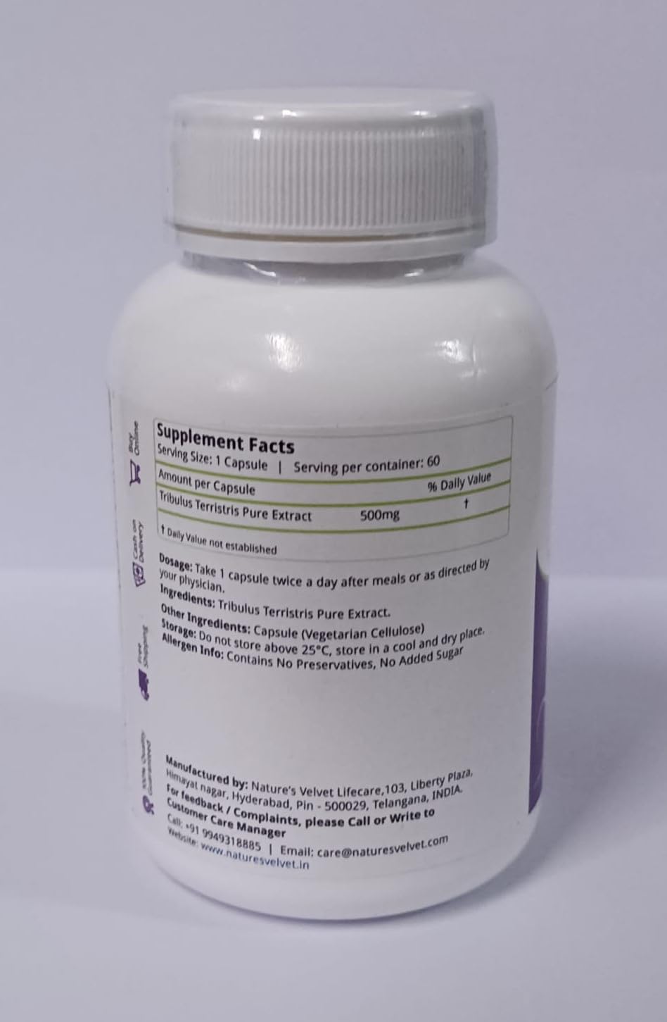 Nature's Velvet Tribulus Gokshura Pure Extract 500mg, Tribulus Terristris Pure Extract | 60 Veg Capsules 100gm 0.2lbs