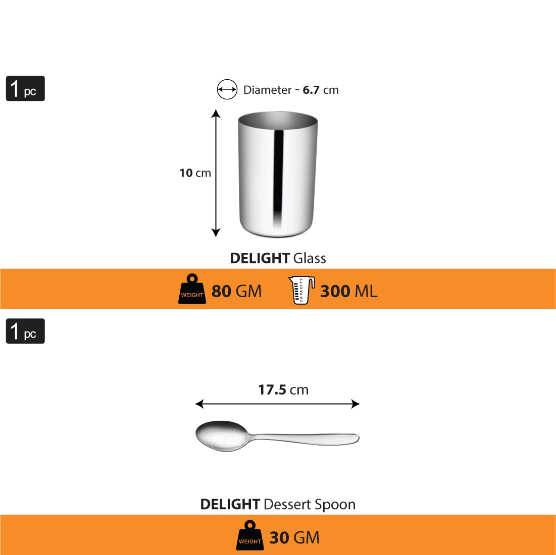 Stainless Steel Delight Solid Dinner Set Of 6 Pieces, Silver | 1 Dinner Plate+ 1 Glass+ 2 Bowls+ 1 Pudding Bowl+ 1 Dessert Spoon