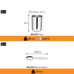 Stainless Steel Delight Solid Dinner Set Of 6 Pieces, Silver | 1 Dinner Plate+ 1 Glass+ 2 Bowls+ 1 Pudding Bowl+ 1 Dessert Spoon
