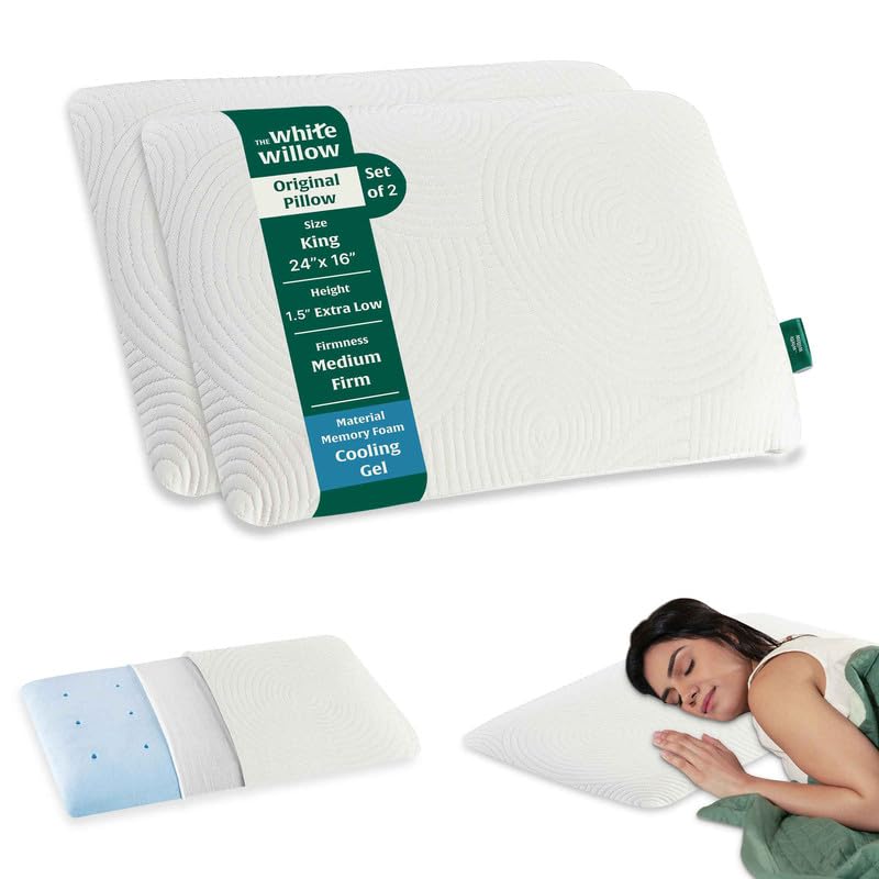 Ultra Thin Pillow For Sleeping, Orthopedic Cervical Neck Pillow - King Size - 1.5 Inch | Ultra Slim Memory Foam Pillow | Cool Gel Slim Pillow For Neck & Shoulder Pain, Flat Pillow - Set Of 2