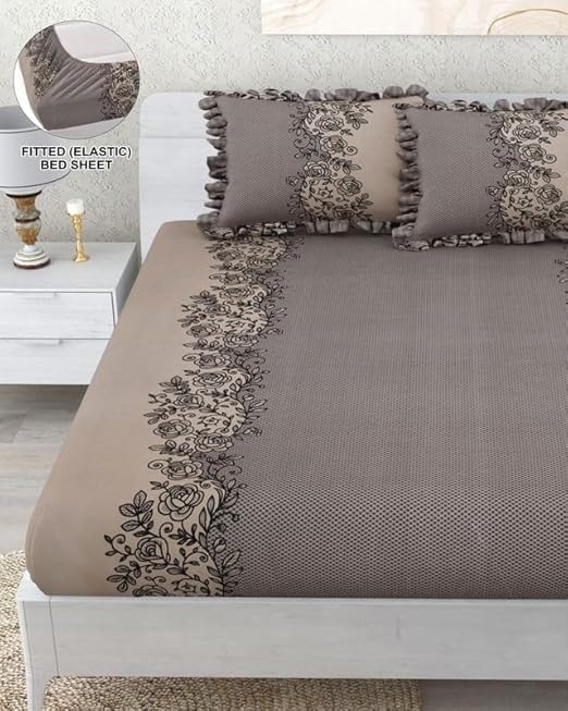 Premium Heavy King Size Bedsheet With 2 Frill Pillow Covers | 72 X 78 Inches, Brown | Double Bed, All-Around Elastic Fitted | Luxurious Comfort & Durability