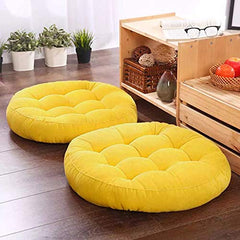 Polyester Round Velvet Floor Cushions Pillow For Living Room, Outdoor, Yellow - 50 X 50 Cm | For Floor Cushions, Tatami Cushion, Patio Cushion, Balcony Cushion, Floor Seating - Pack Of 2