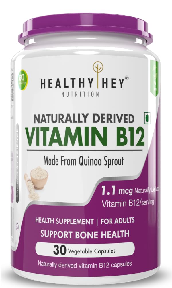 Healthyhey Nutrition 100% Natural Vitamin B12 - Support Immune Health | Non - Synthetic, No - Chemical | 30 Veg Capsules , 50gm 0.1lbs